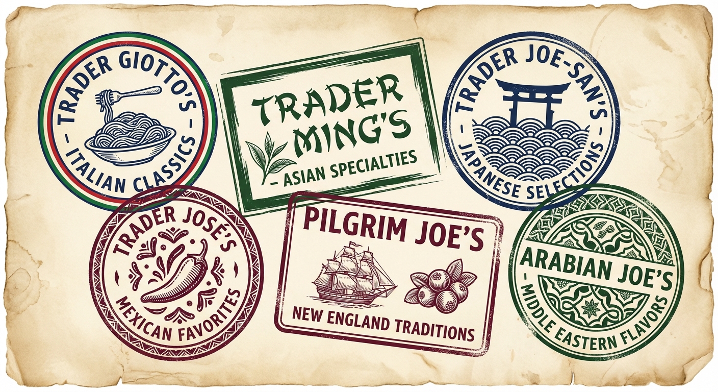 Vintage passport stamps representing Trader Joe's alter ego brands — Trader Giotto's, Trader José's, Trader Ming's, Trader Joe-San's, Pilgrim Joe's, and Arabian Joe's