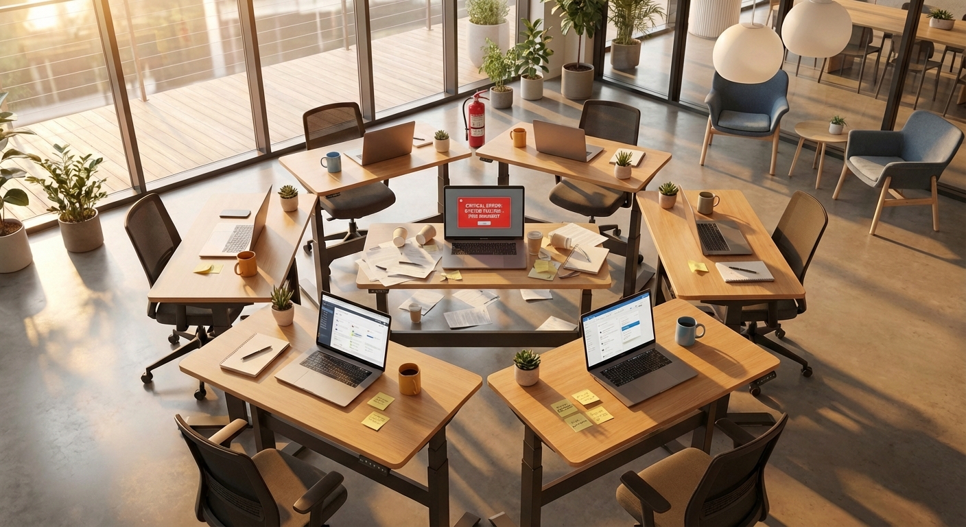 Server rack with one unit glowing red, email icons dissolving