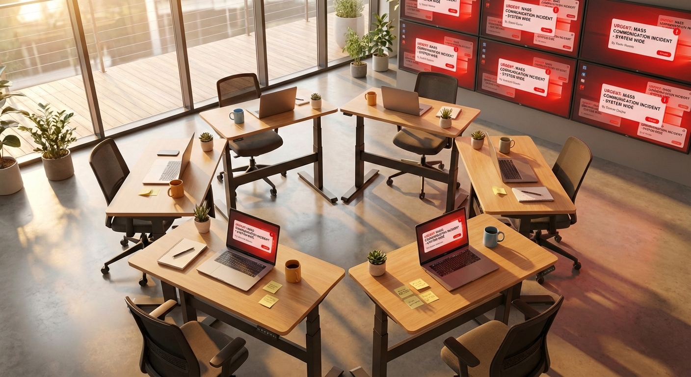 Cascade of notification alerts spreading from a central screen