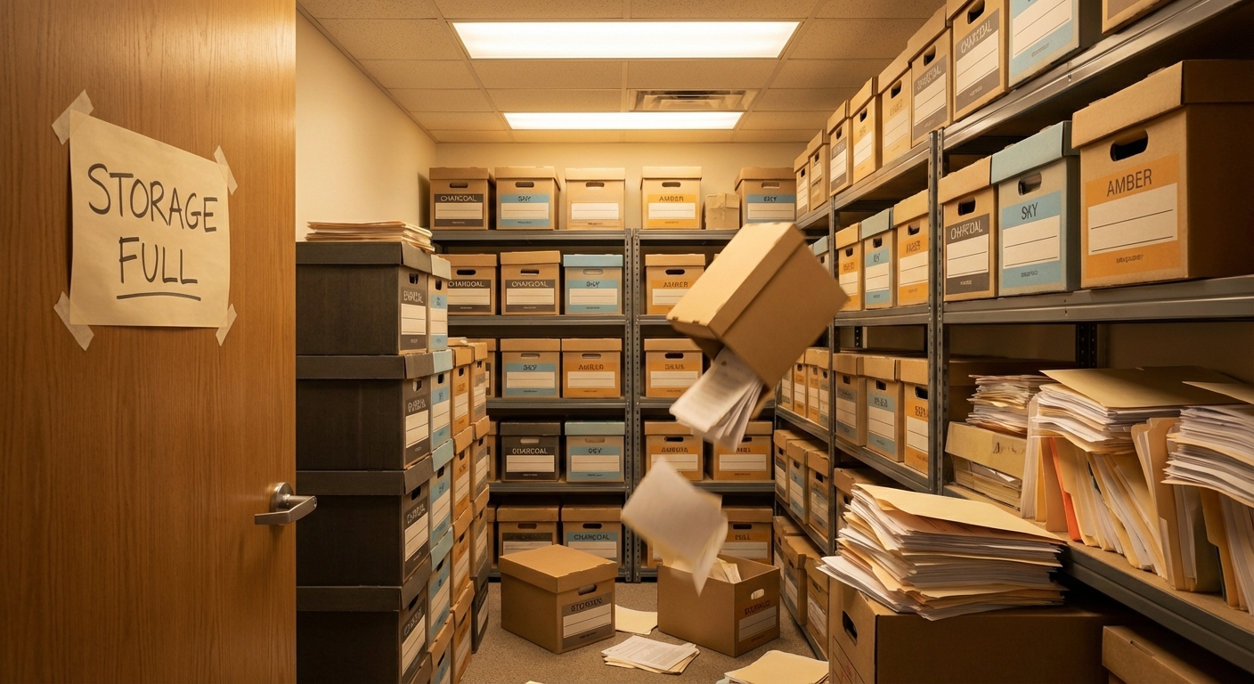 Server room with blinking red warning lights, storage gauges at maximum