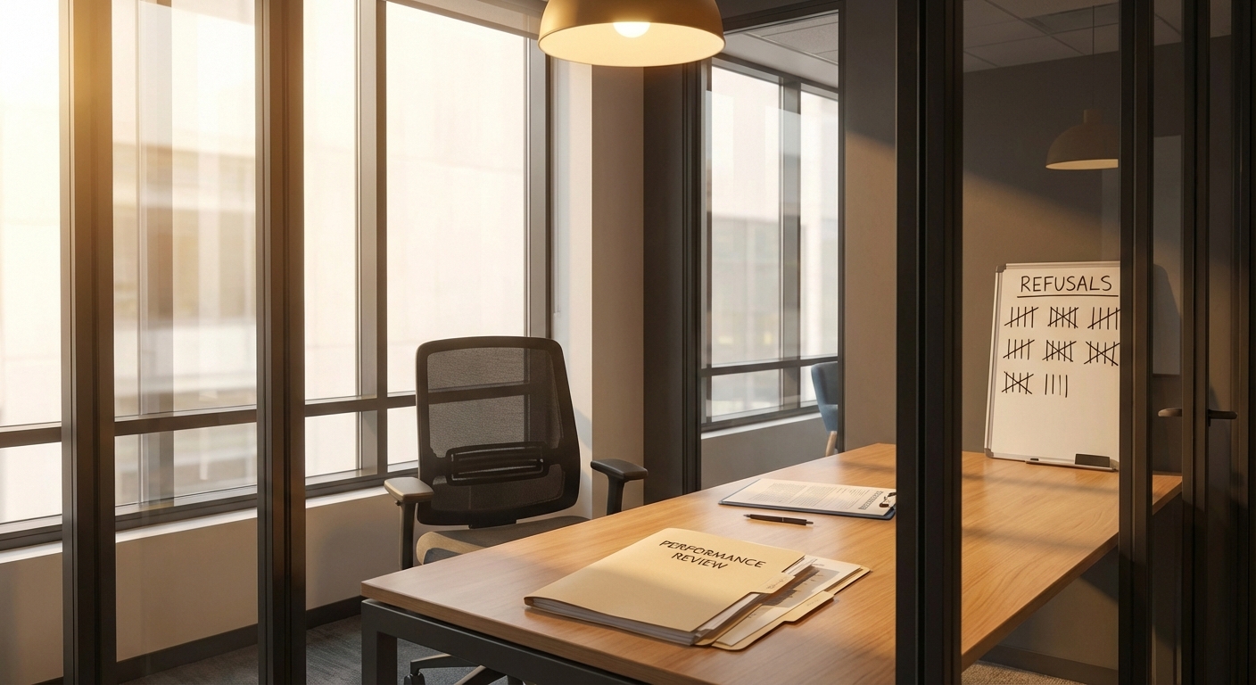 Interrogation-style scene with spotlight on empty chair