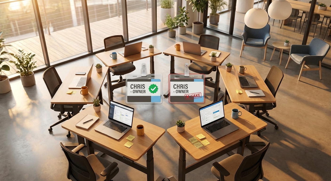 Split frame: real ID badge with green checkmark vs forged badge with red glow