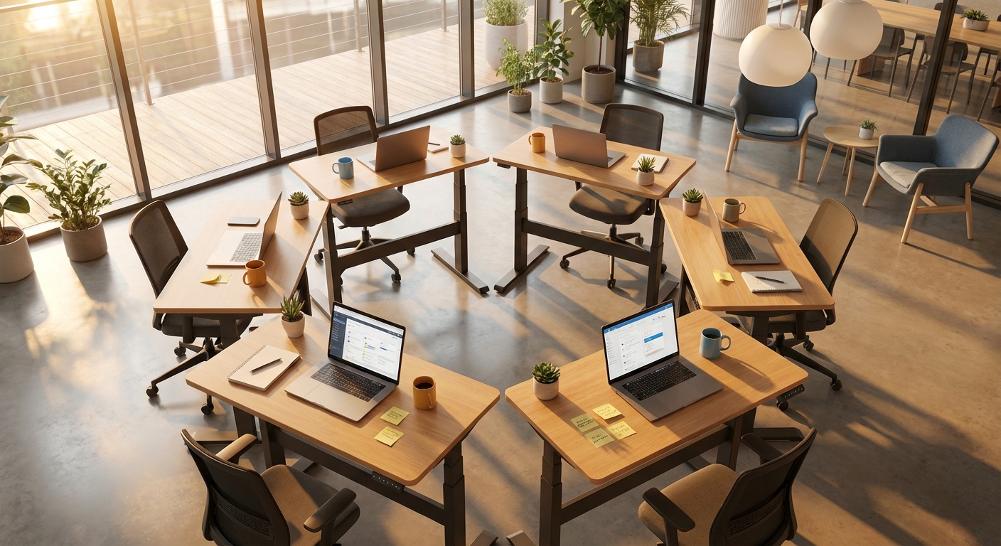 Dark server room with six glowing terminal screens arranged in a semicircle