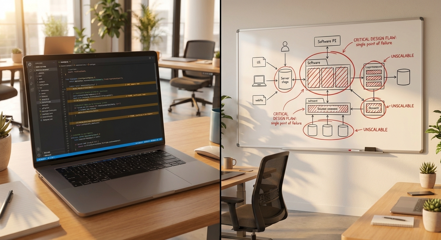 Split: code editor with highlighted vulnerabilities vs architectural blueprint with structural flaws