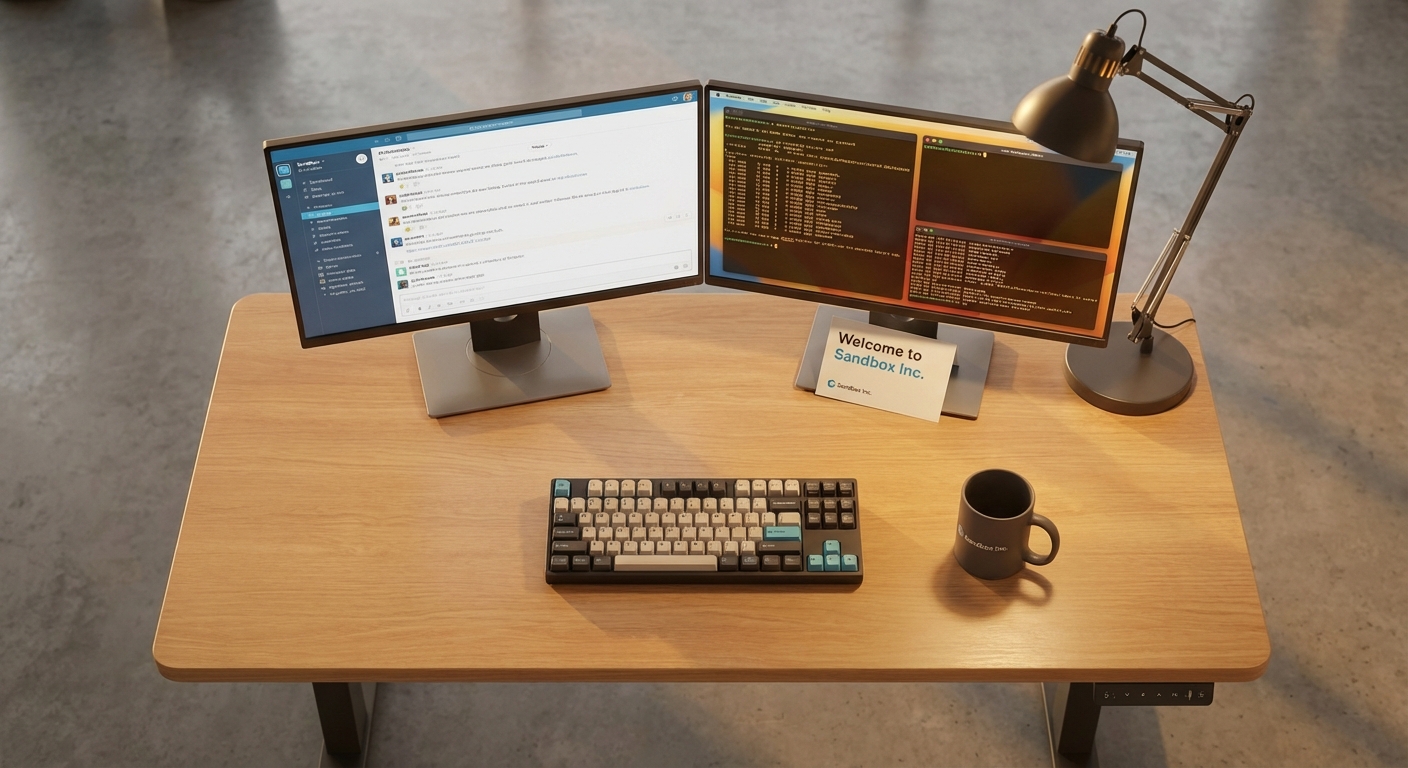 Overhead view of a keyboard and monitors showing browser tabs and terminal windows
