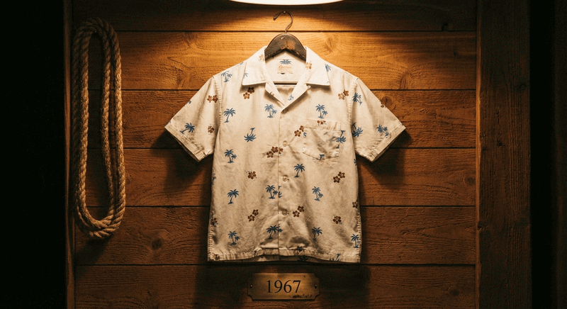 Animated evolution of Trader Joe's iconic Hawaiian shirts from 1967 to present day, displayed on a cedar-plank wall with warm spotlight
